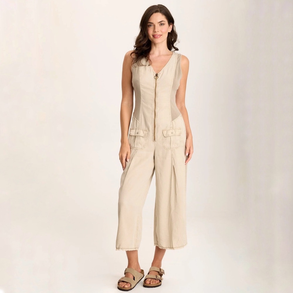 XCVI Women's Linette Twill V Neck Zip Up Jumpsuit Size Large